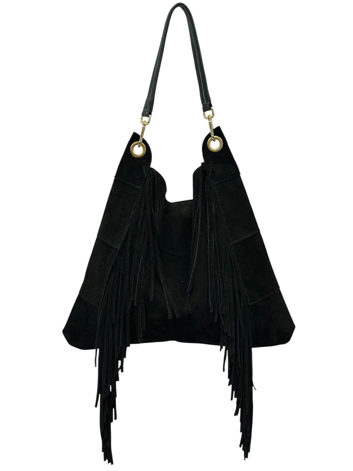 HE673 Black Fringe Suede Hobo Bag