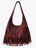 HE674 Burgundy Tiered Fringe Suede Hobo Bag