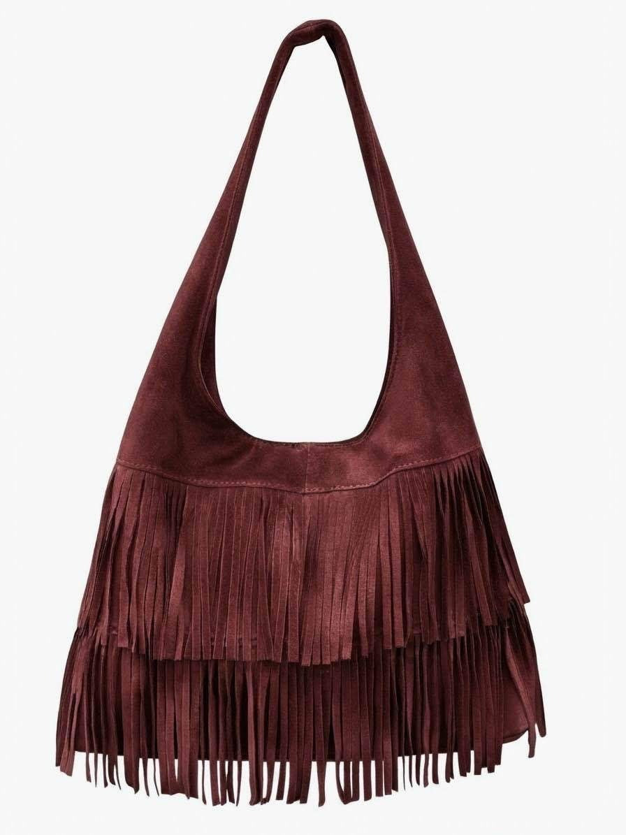 HE674 Burgundy Tiered Fringe Suede Hobo Bag