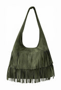 HE675 Military Green Tiered Fringe Suede Hobo Bag