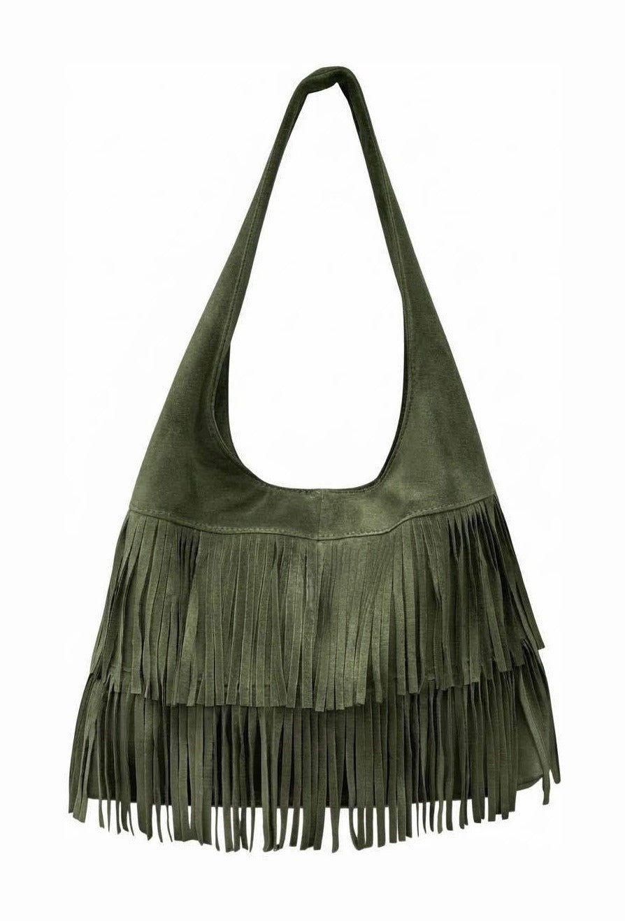 HE675 Military Green Tiered Fringe Suede Hobo Bag