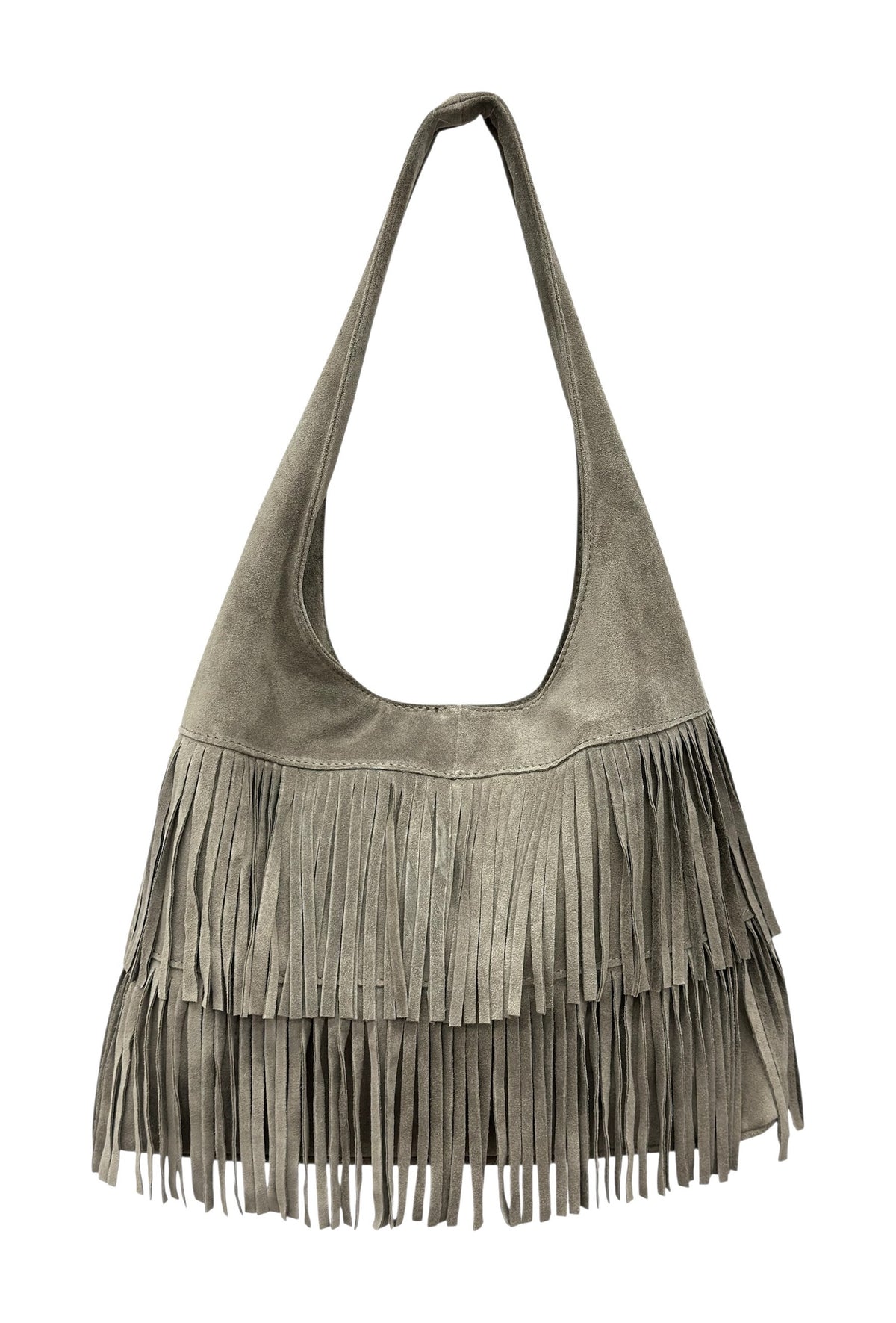 HE676 Taupe Tiered Fringe Suede Hobo Bag