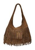 HE677 Brown Tiered Fringe Suede Hobo Bag