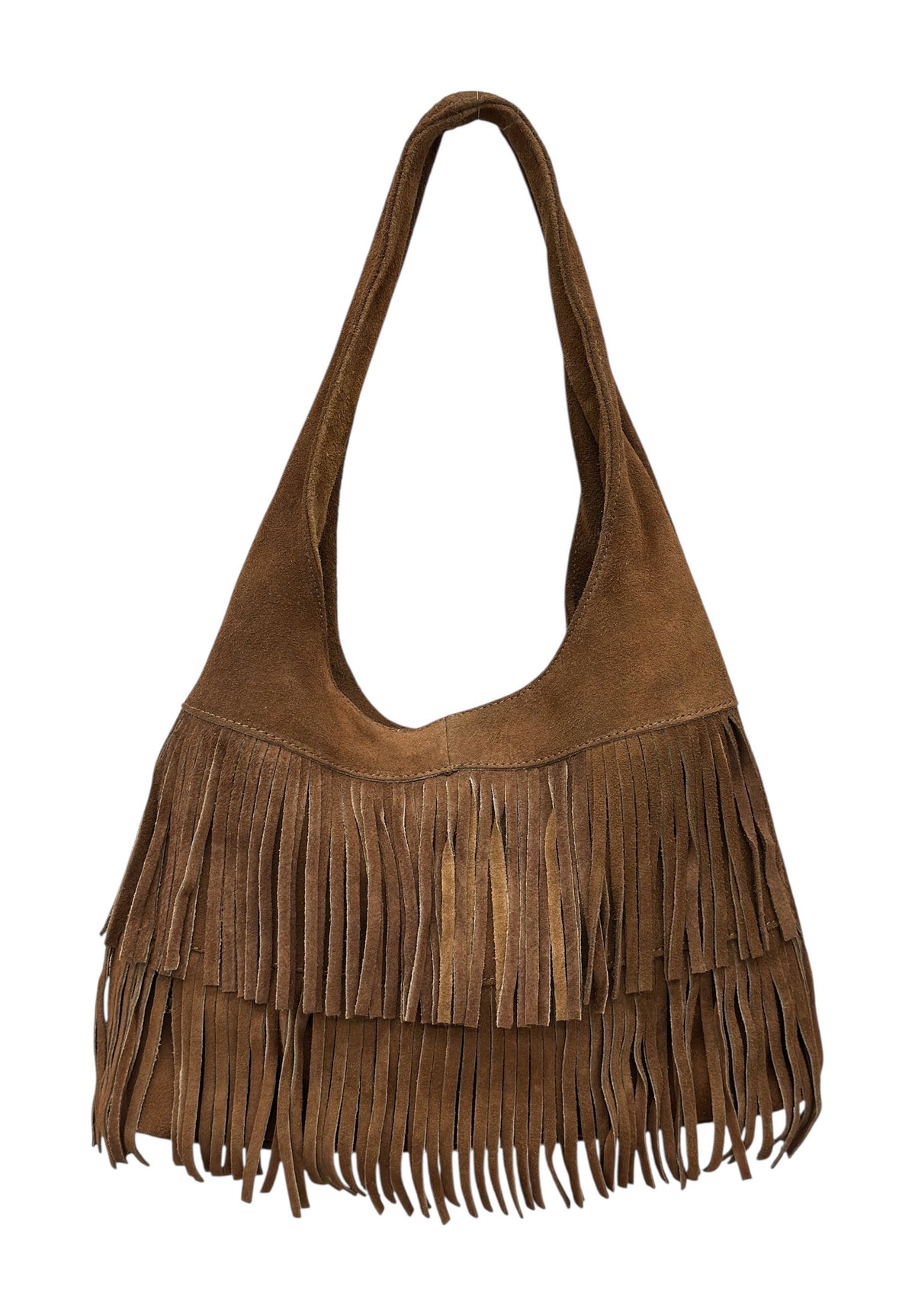 HE677 Brown Tiered Fringe Suede Hobo Bag