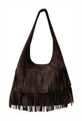 HE678 Dark Brown Tiered Fringe Suede Hobo Bag