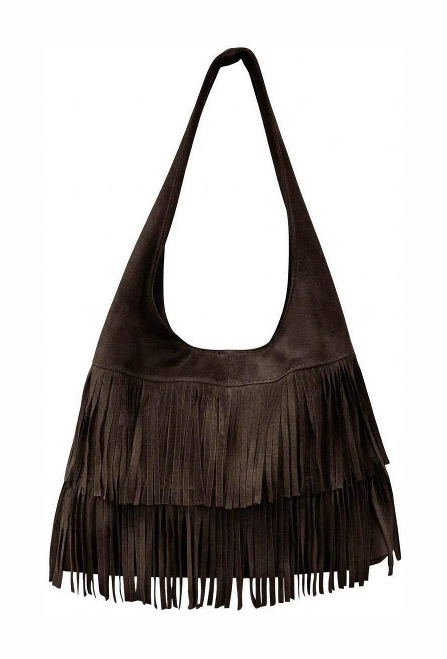 HE678 Dark Brown Tiered Fringe Suede Hobo Bag