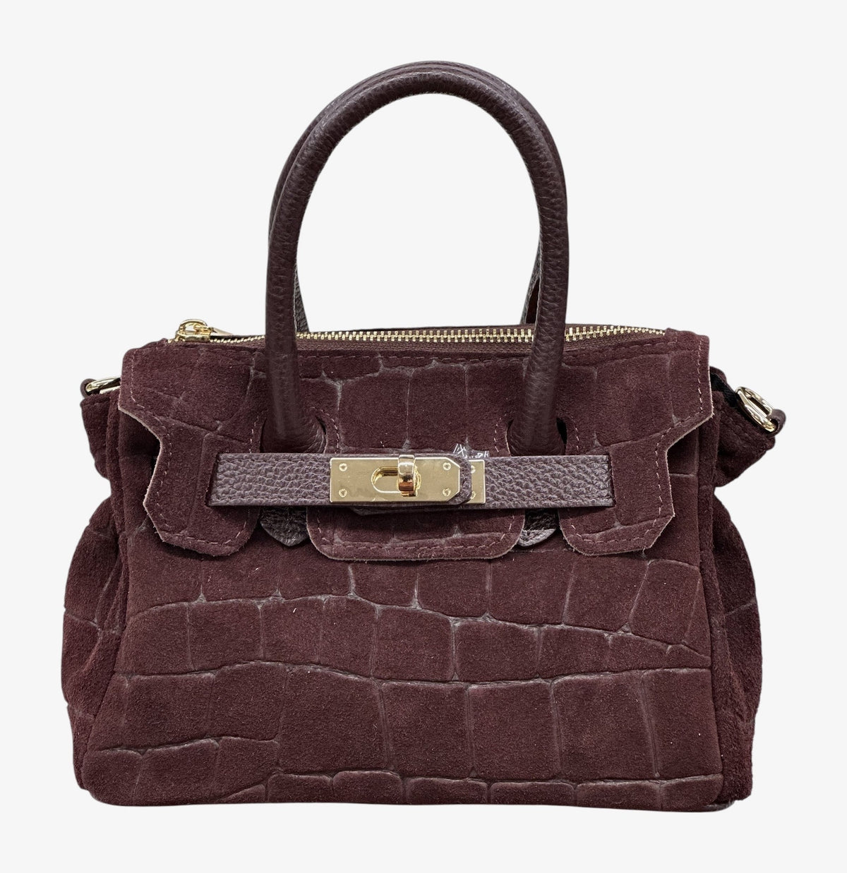 HE686 Burgundy Croc-Embossed Suede Top Handle Bag