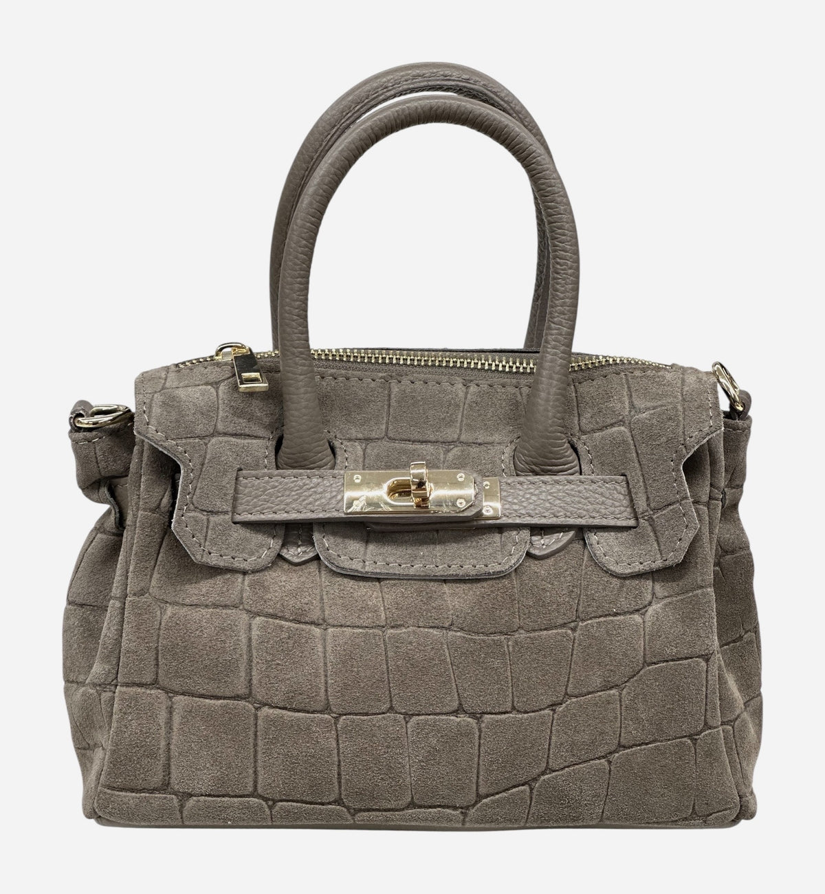 HE687 Dark Taupe Croc-Embossed Suede Top Handle Bag