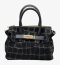 HE688 Black Croc-Embossed Suede Top Handle Bag