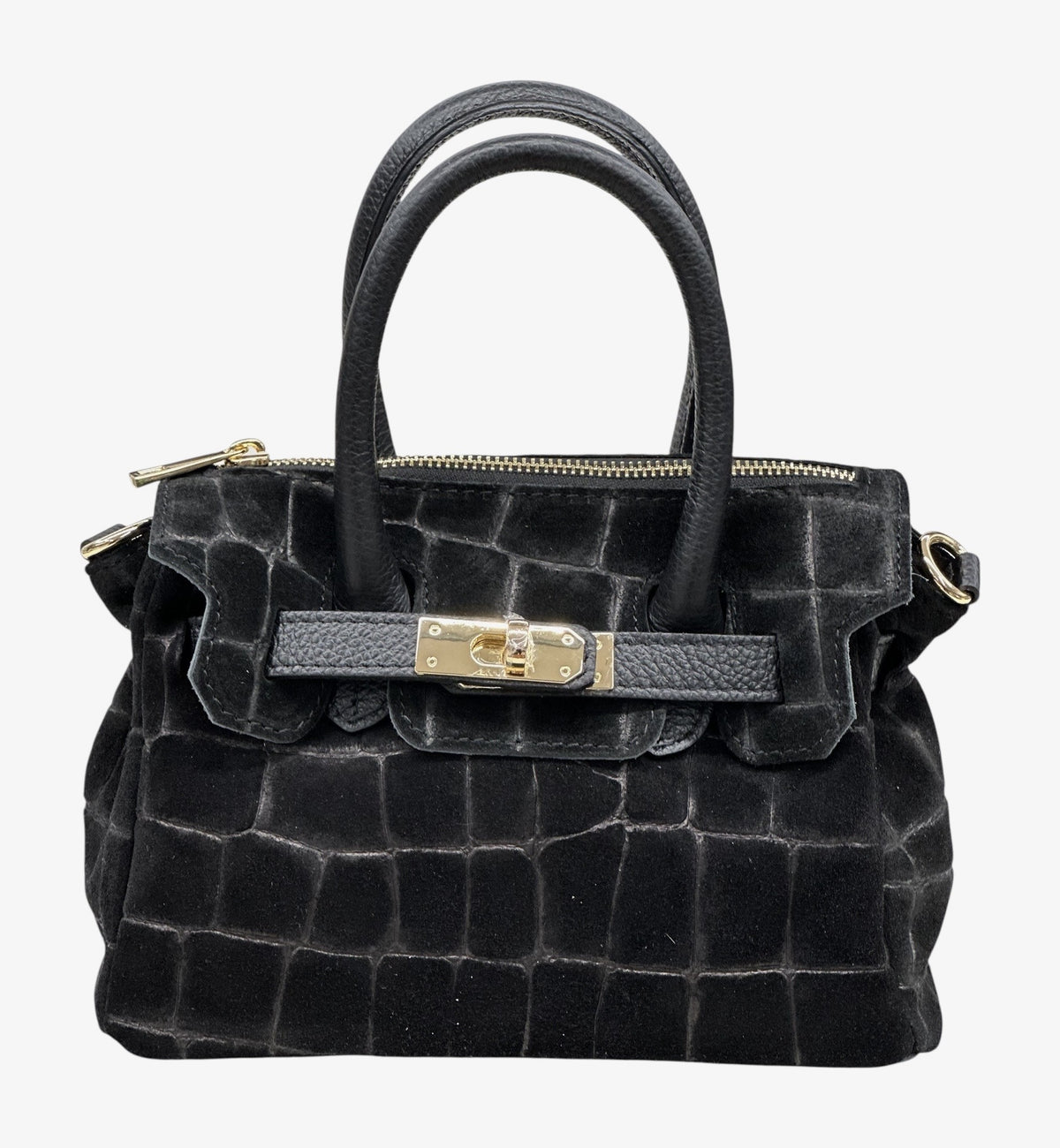 HE688 Black Croc-Embossed Suede Top Handle Bag