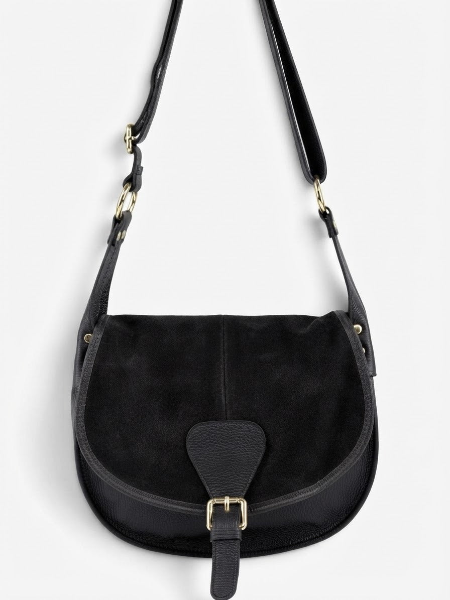 HE694 Black Flap Suede Saddle Bag