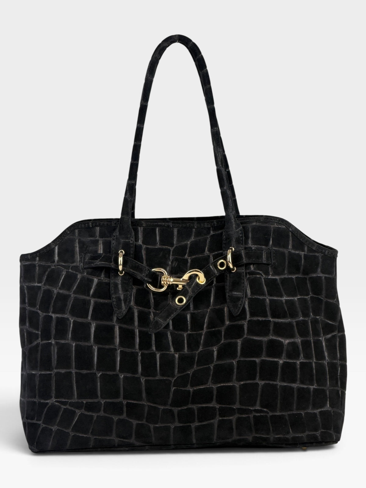 HE703 Black Croc-Embossed Suede Tote Bag