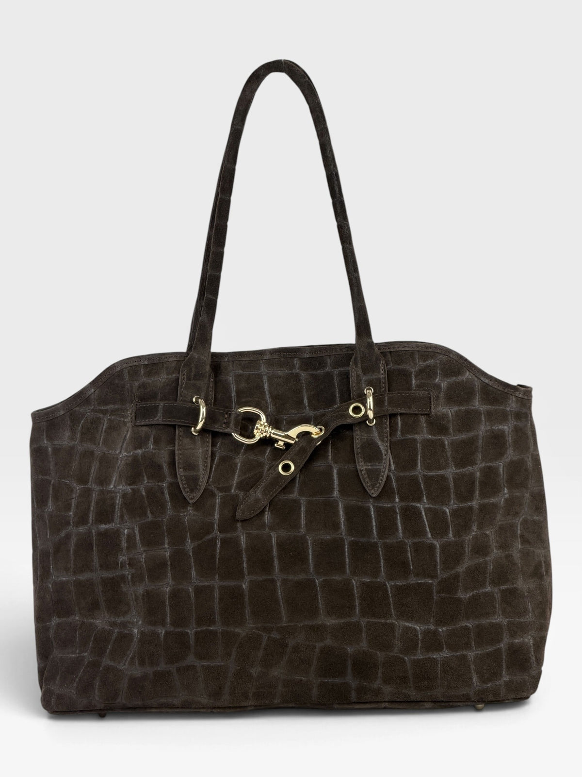 HE705 Dark Brown Croc-Embossed Suede Tote Bag
