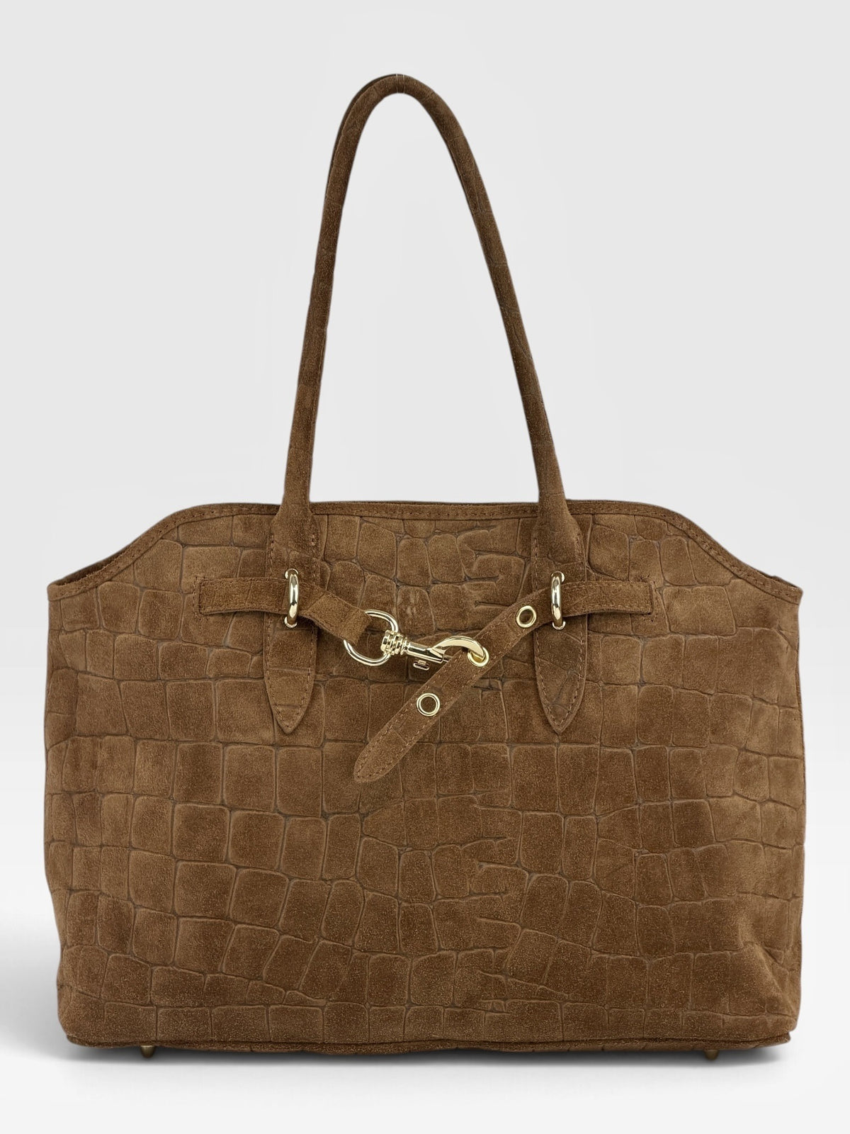 HE706 Dark Tan Croc-Embossed Suede Tote Bag