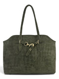 HE707 Military Green Croc-Embossed Suede Tote Bag