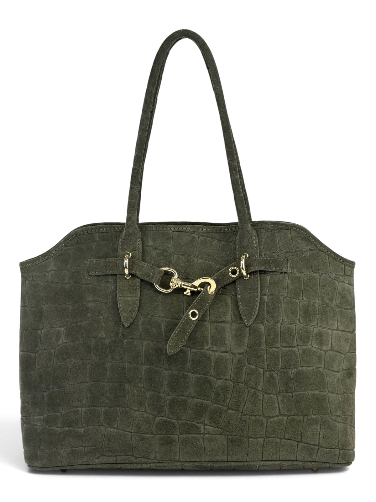 HE707 Military Green Croc-Embossed Suede Tote Bag