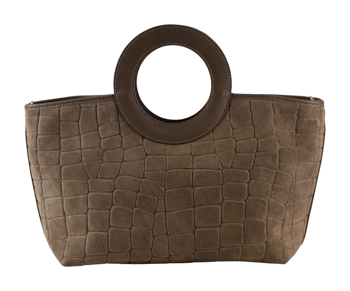 HE710 Dark Taupe Ring Handle Suede Top Handle Bag