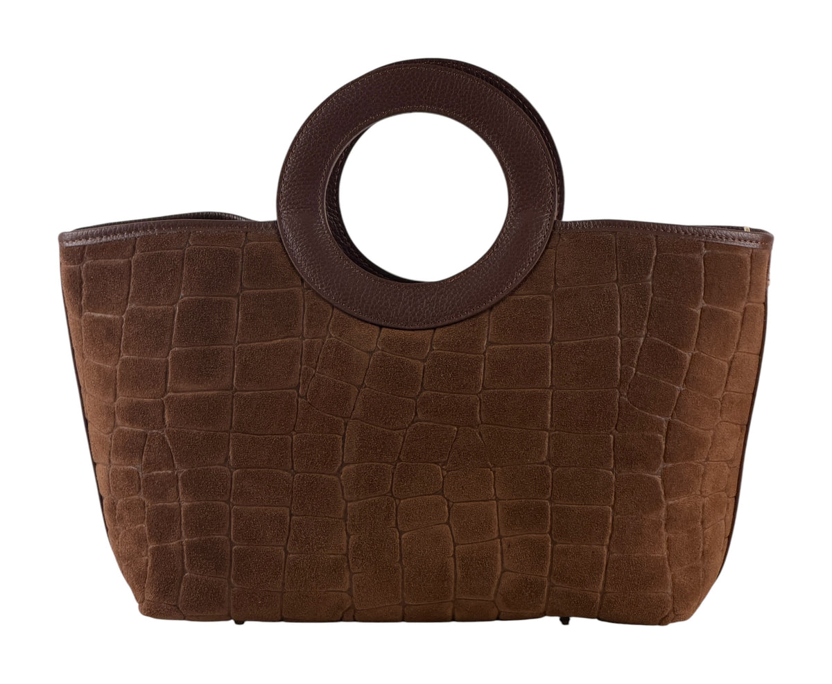 HE711 Brown Ring Handle Suede Top Handle Bag
