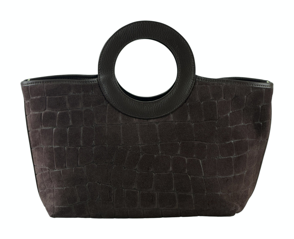 HE712 Dark Brown Ring Handle Suede Top Handle Bag