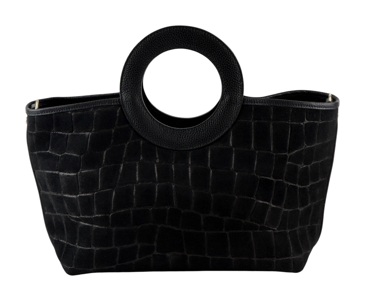 HE713 Black Ring Handle Suede Top Handle Bag