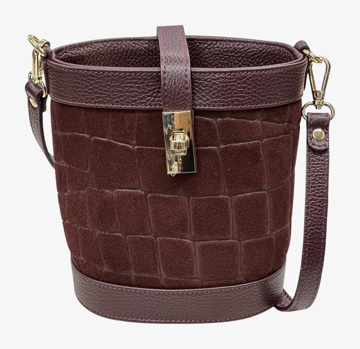 HE714 Burgundy Croc-Embossed Suede Bucket Bag