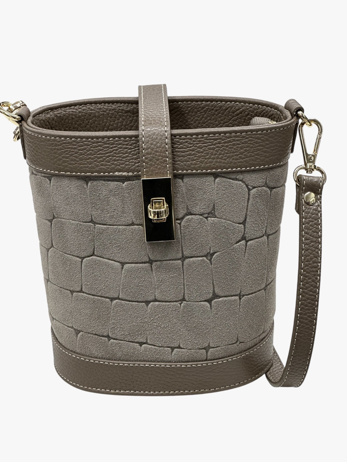 HE715 Dark Taupe Croc-Embossed Suede Bucket Bag