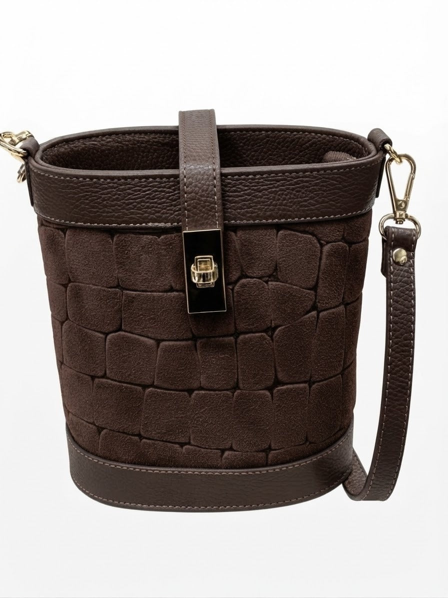 HE716 Dark Brown Croc-Embossed Suede Bucket Bag