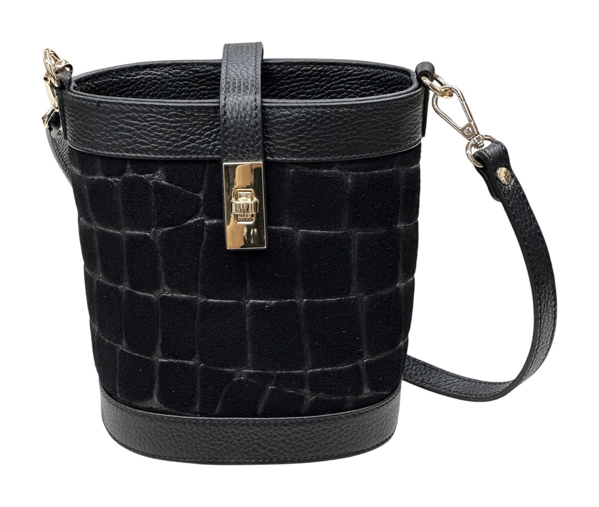 HE717 Black Croc-Embossed Suede Bucket Bag