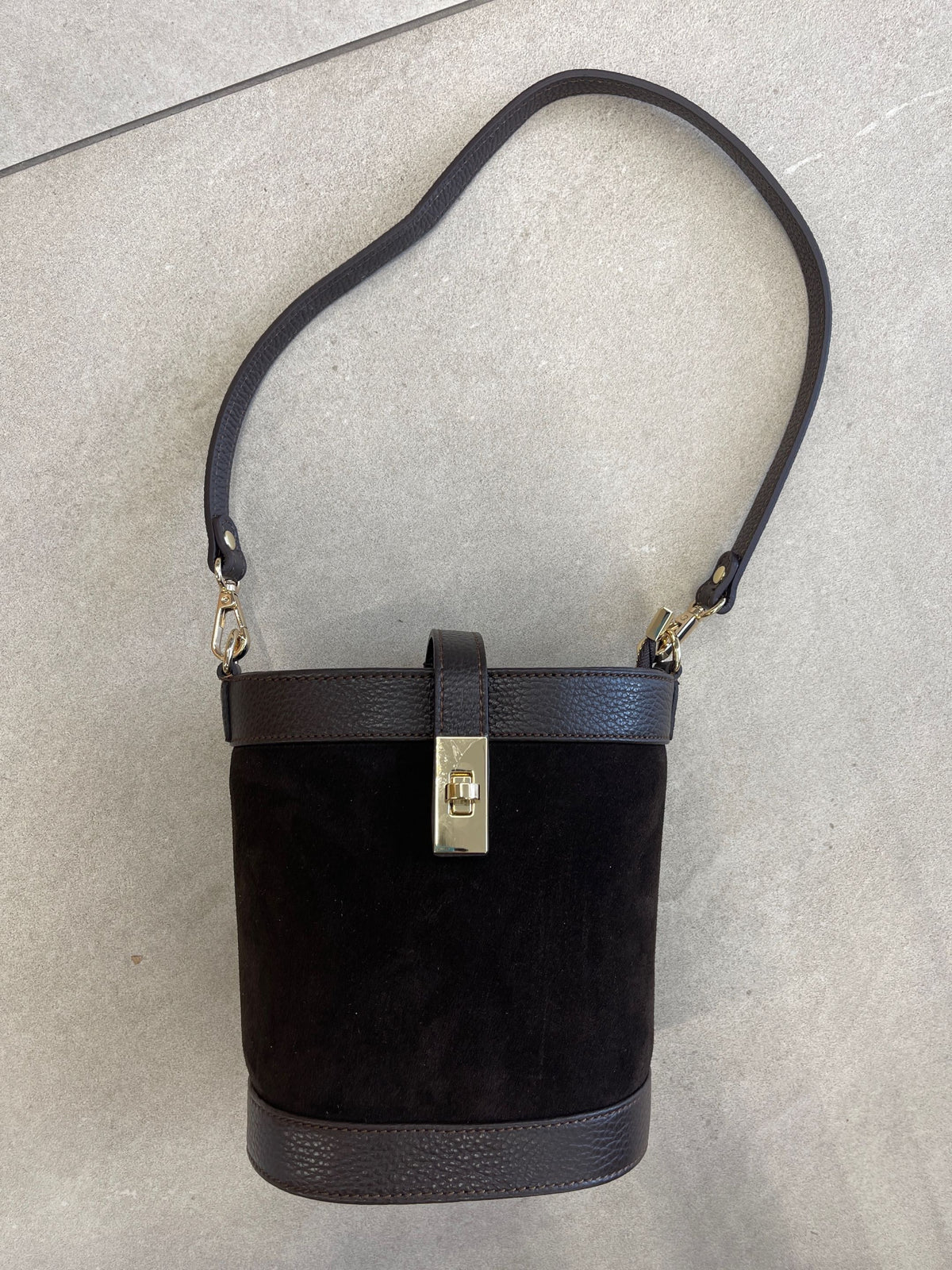 HE718 Dark Brown Suede Bucket Bag