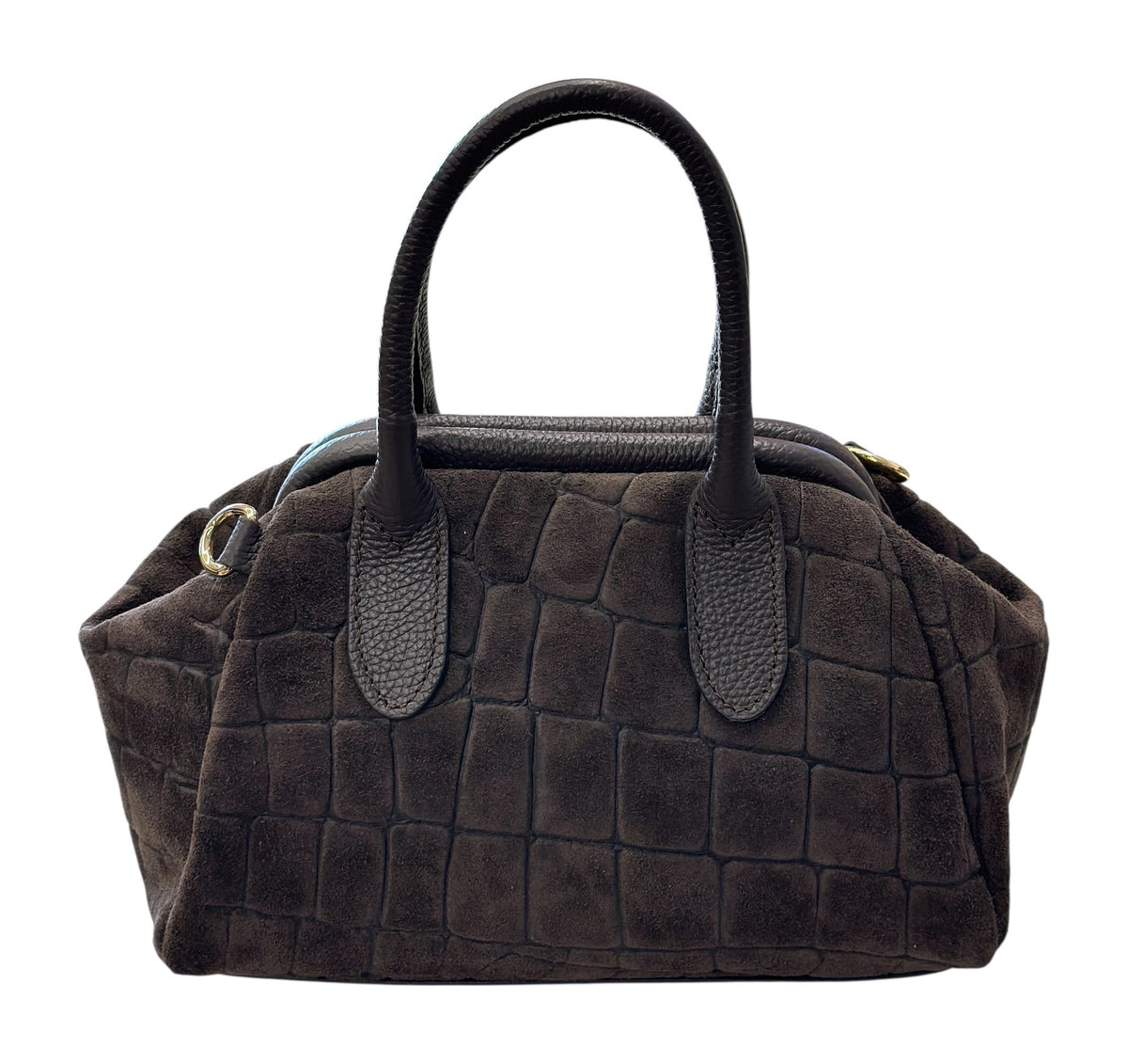 HE725 Dark Brown Croc-Embossed Suede Satchel