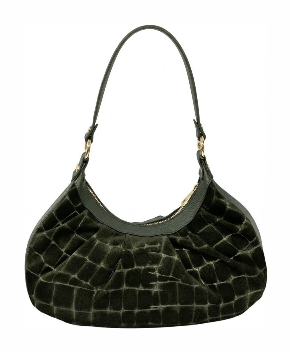 HE731 Military Green Pleated Suede Hobo Bag