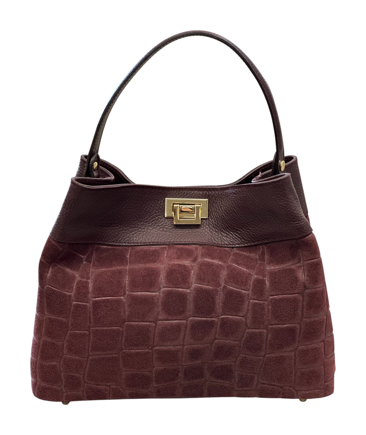 HE733 Burgundy Croc-Embossed Suede Shoulder Bag