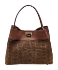 HE735 Brown Croc-Embossed Suede Shoulder Bag