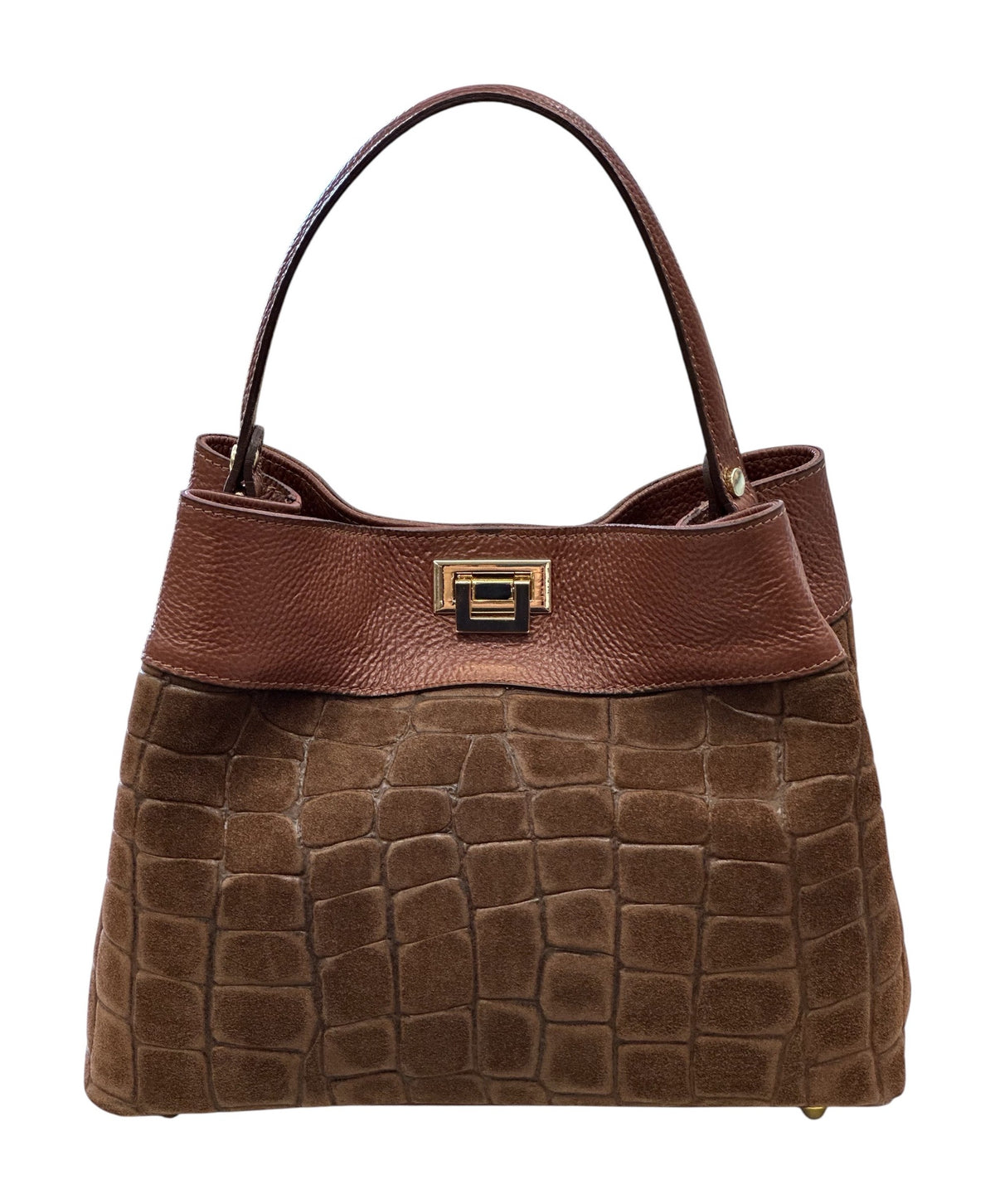 HE735 Brown Croc-Embossed Suede Shoulder Bag