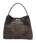HE736 Dark Brown Croc-Embossed Suede Shoulder Bag