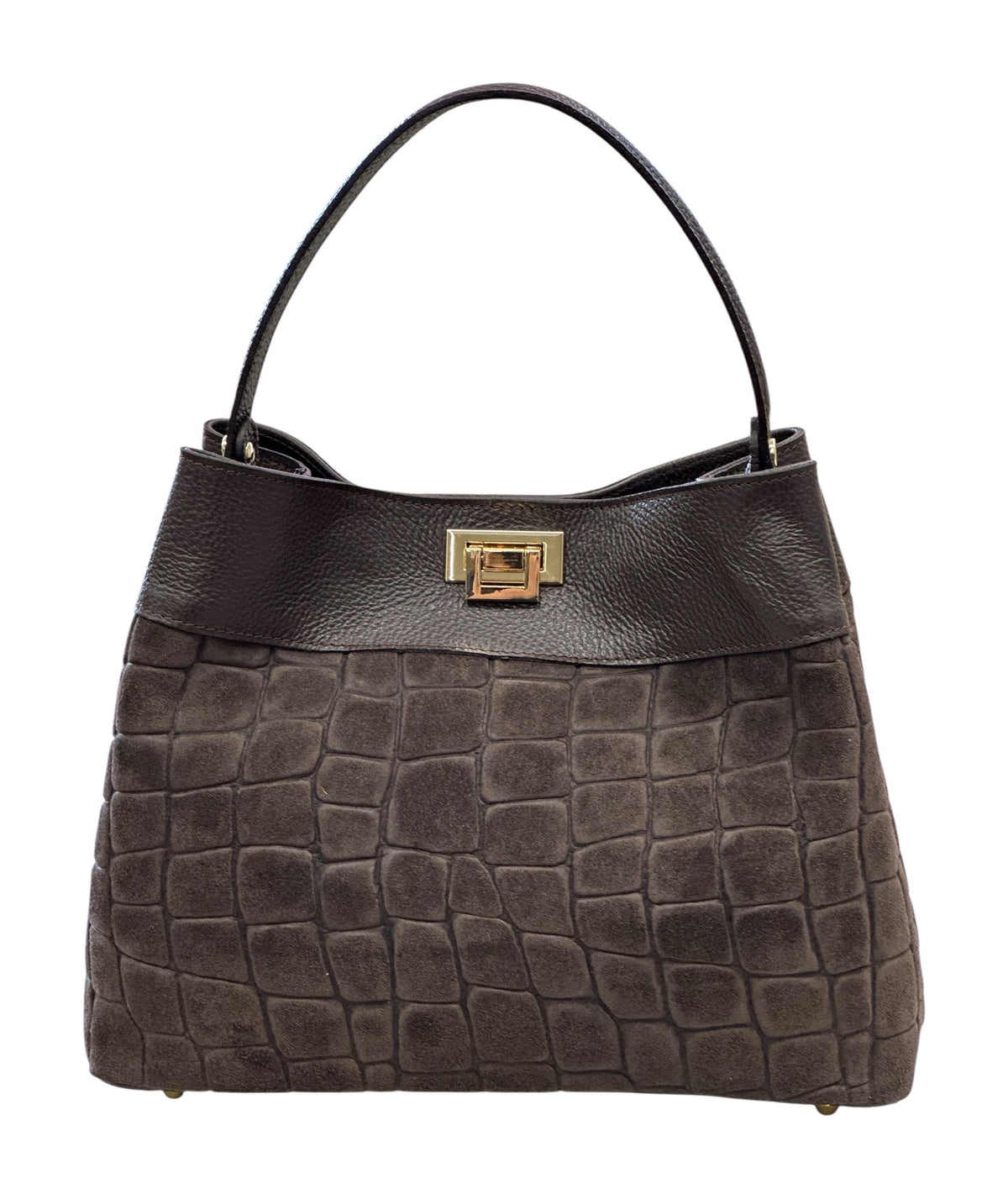 HE736 Dark Brown Croc-Embossed Suede Shoulder Bag