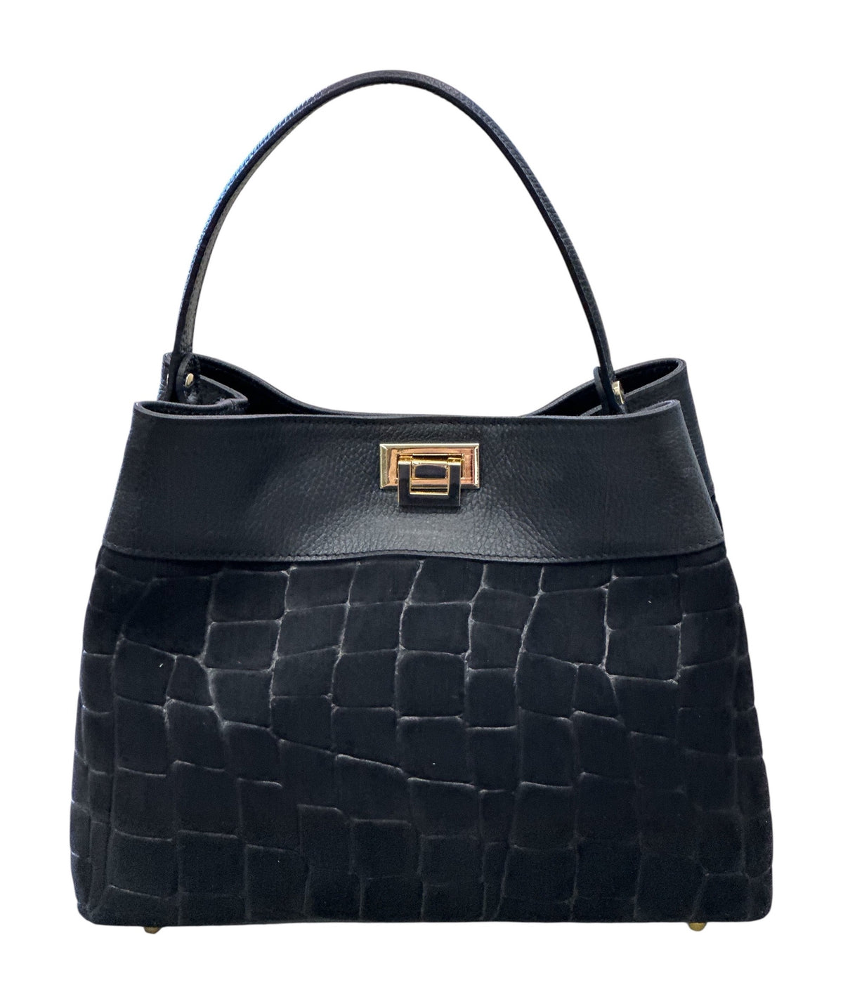 HE737 Black Croc-Embossed Suede Shoulder Bag