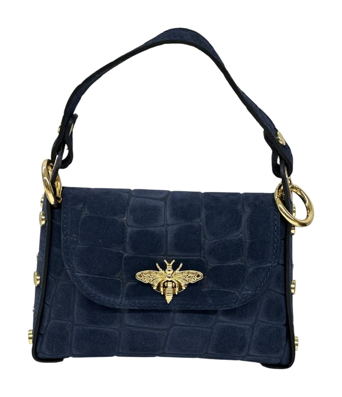 HE738 Navy Mini Flap Suede Top Handle Bag