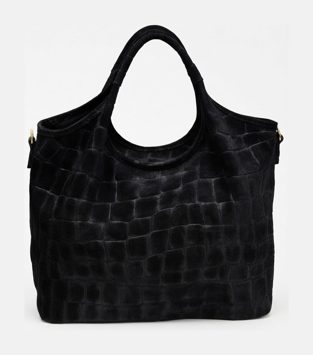 HE749 Black Croc-Embossed Suede Tote Bag