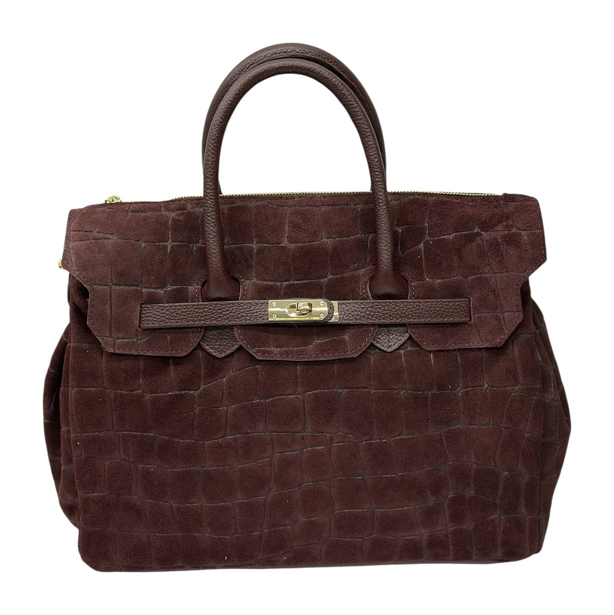 HE750 Burgundy Croc-Embossed Suede Top Handle Bag