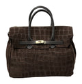 HE752 Dark Brown Croc-Embossed Suede Top Handle Bag