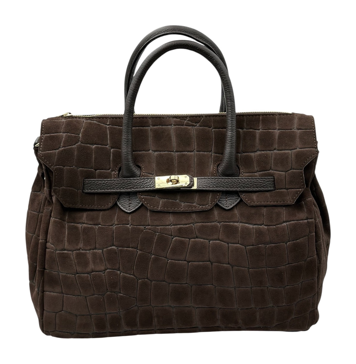 HE752 Dark Brown Croc-Embossed Suede Top Handle Bag