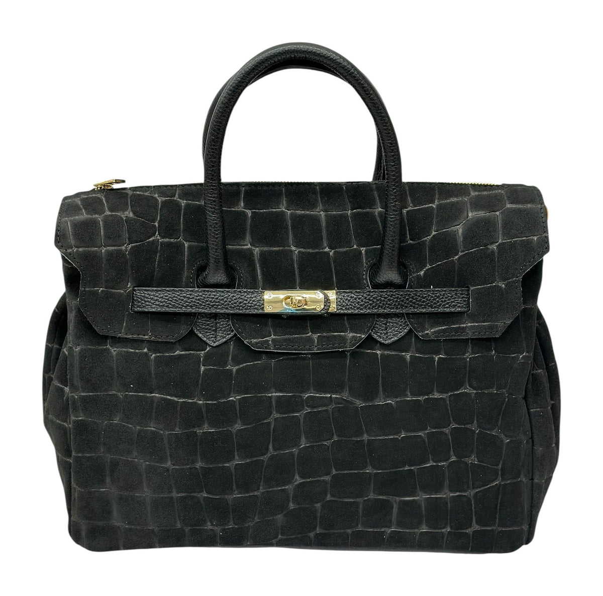 HE753 Black Croc-Embossed Suede Top Handle Bag