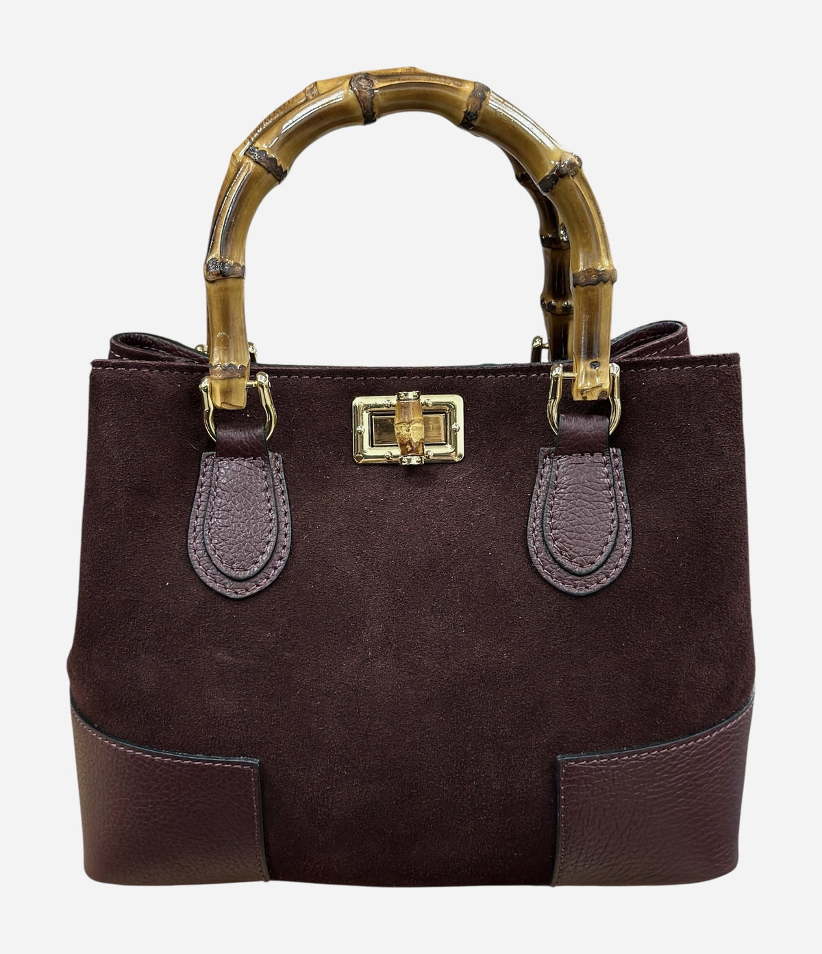 HE754 Burgundy Bamboo Handle Suede Top Handle Bag