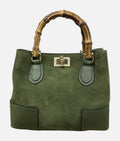 HE755 Military Green Bamboo Handle Suede Top Handle Bag