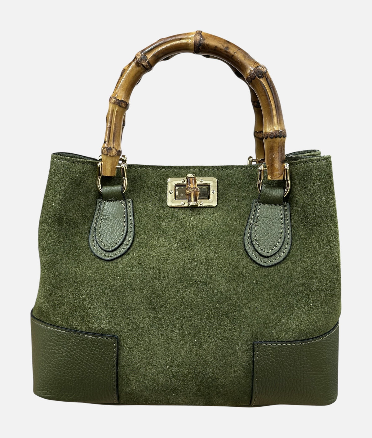 HE755 Military Green Bamboo Handle Suede Top Handle Bag