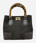 HE758 Dark Brown Bamboo Handle Suede Top Handle Bag