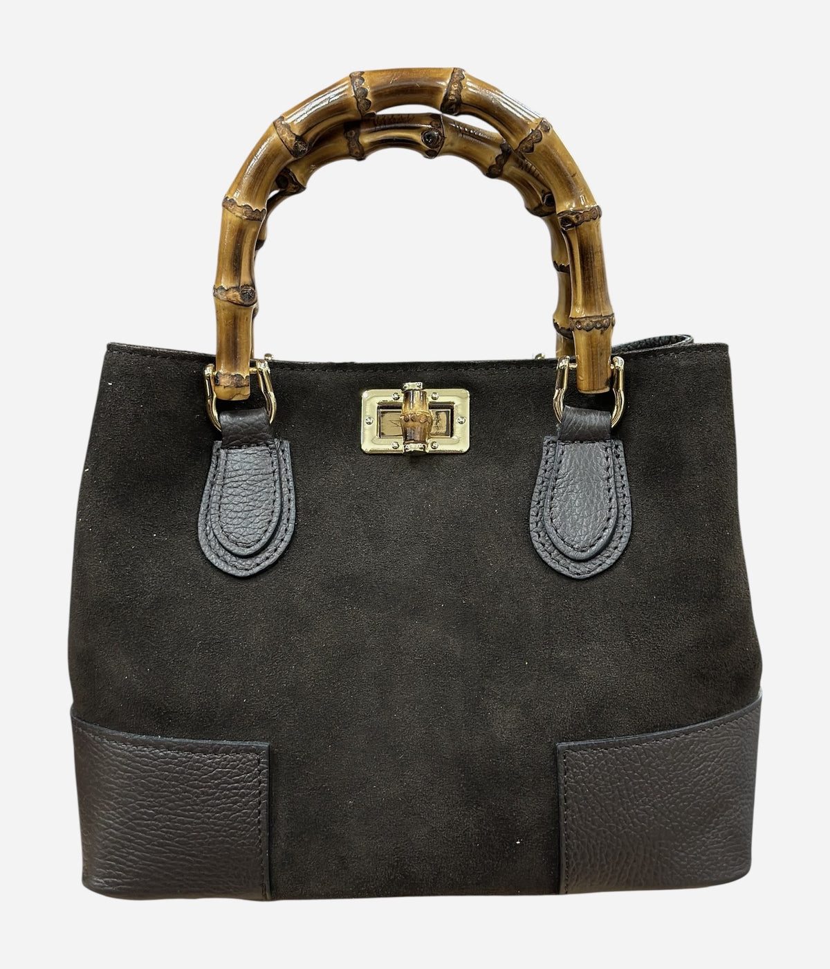 HE758 Dark Brown Bamboo Handle Suede Top Handle Bag