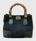 HE759 Black Bamboo Handle Suede Top Handle Bag