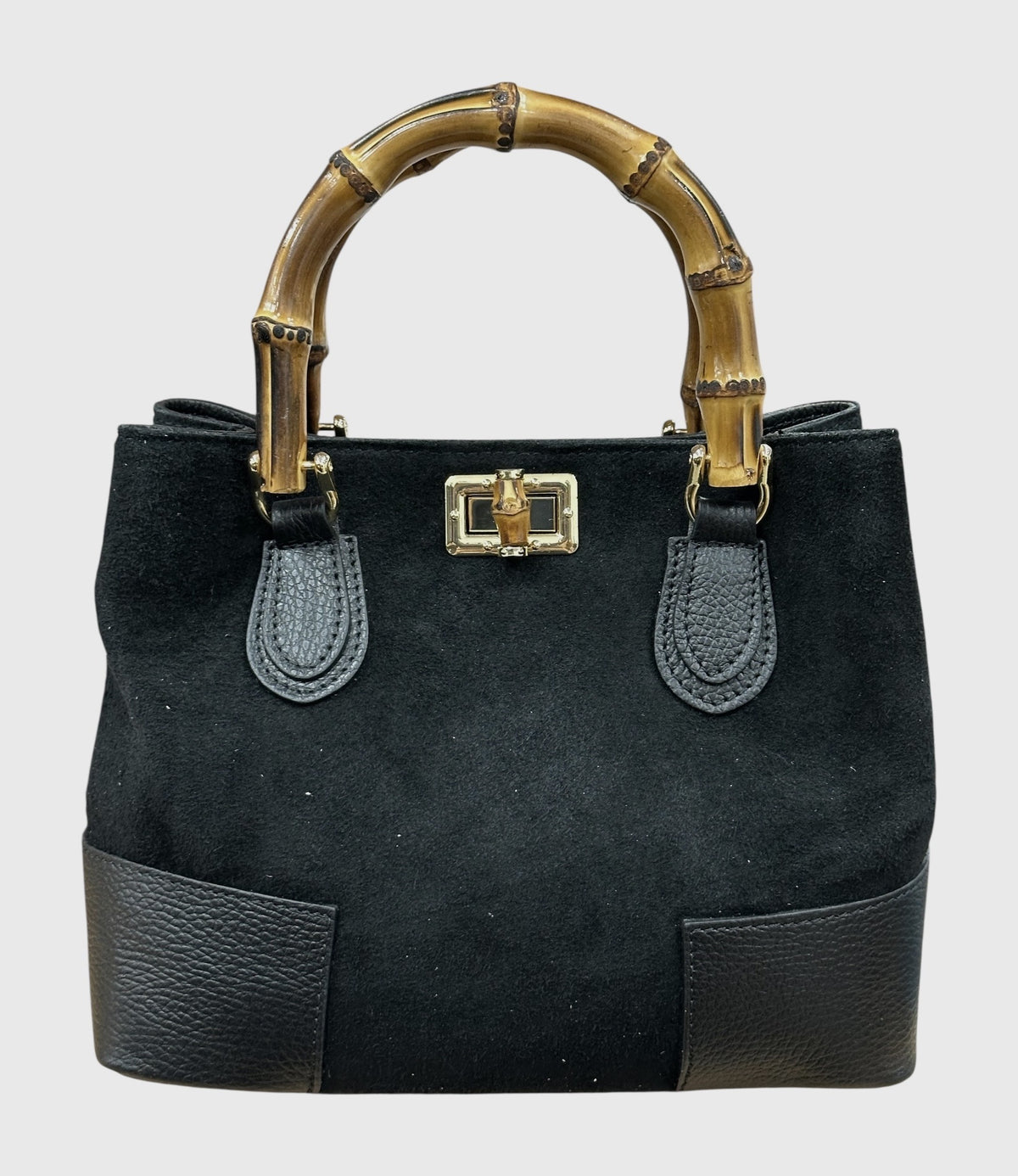 HE759 Black Bamboo Handle Suede Top Handle Bag